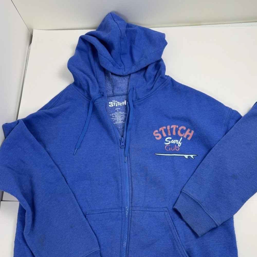 Disney Stitch Surf Club Blue Zip Up Hoodie Sweatshirt Lilo & Stitch Graphic L